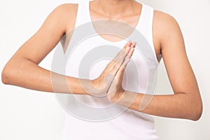 Close up woman holding her wrist symptomatic Office Syndrome on white background