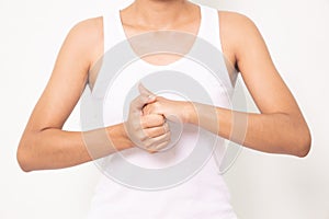 Close up woman holding her wrist symptomatic Office Syndrome on white background