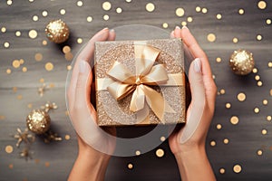 Close up of a woman holding a luxury gift box present wrapped with gold ribbon and golden glitter