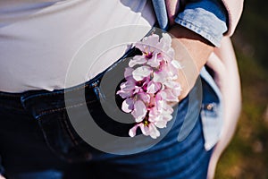 Close up of woman holding pink almond tree flowers in jeans pocket on sunny day. Spring time