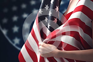 close up woman holding usa flags AI generated