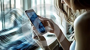 Futuristic mobile interface with digital data flow