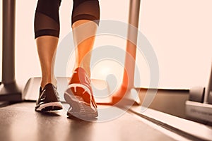 Close up of woman legs jogging on treadmill with sportwear and sneakers. Sport and workout concept. People and leisure concept.