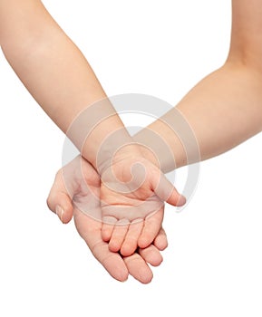 Close up of woman and little child hands together