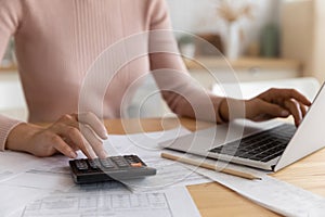 Close up of woman manage finances paying on laptop