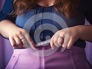 Close up of woman measuring her waist size with tape measure. Overweight concept