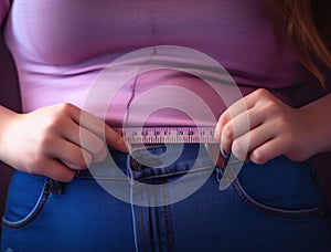 Close up of woman measuring her waist size with tape measure. Overweight concept