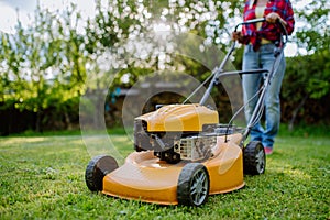 Close-up of woman mowing grass with lawn mower in the garden, garden work concept.