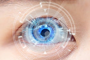 Close-up of woman's blue eye. High Technologies in the futuristic. : contact lens