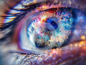 a close up of a woman s eye with a colorful background