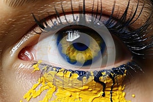 A close-up of a woman\'s eye coloured yellow and blue. A concept of the problems faced by Ukrainians, a symbol of patriotism.
