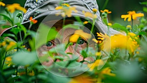 Close up of woman s eye among lush greenery and colorful flowers, intense gaze in nature setting