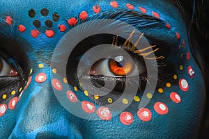 Close up of a Woman\'s Eye with Vibrant Festival Face Paint, Colorful Dots and Patterns for Creative Makeup Concepts