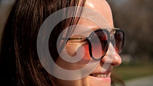 Close-up of a woman`s eyes in sunglasses