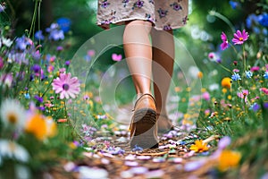 Close-up of woman& x27;s feet walking on flower-lined path in garden