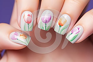Close up of woman\'s fingernails with colorful tulip spring flower nail art design