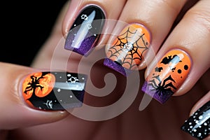 Close up of woman\'s fingernails with Halloween nail art