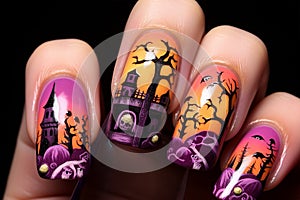 Close up of woman\'s fingernails with Halloween nail art