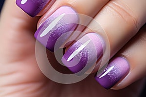 Close up of woman\'s fingernails with purple and pink ombre colored nail polish design with glitter