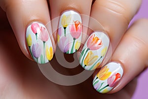Close up of woman\'s fingernails with spring themed nail polish with tulip flower art deisgn