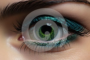 Close up of woman\'s green eye with makeup with metallic blue eyeshadow
