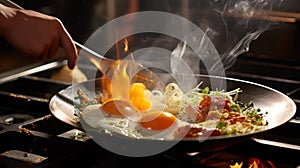 Close up of woman\'s hand cooking noodles with fried eggs in pan Generative AI