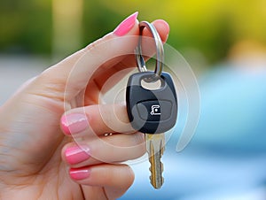 Close-up of a woman\'s hand holding a car\'s key