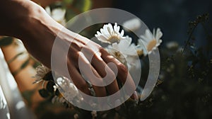 Close-up of a woman& x27;s hand holding a daisy, blurred greenery