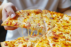 Close up of a woman's hand holding a piece of pizza