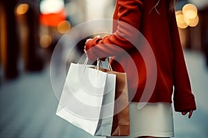 Close up of woman`s hand holding shopping bags while walking on the street photo