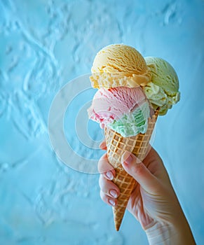 Close-up of a woman\'s hand holding a tasty ice cream cone
