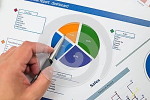 Close-up of a woman`s hand pointing at a chart