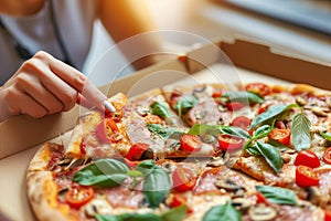 Close up of a woman\'s hand pulling a slice of pizza with tomatoes, basil and mushrooms from a cardboard box