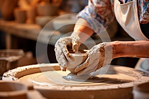 Close-up of a woman\'s hands in a ceramic workshop working with clay on a potter\'s wheel. Generative AI