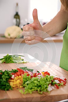 Close up of woman`s hands cooking in the kitchen. Housewife offering fresh salad with thumbs up. Vegetarian and