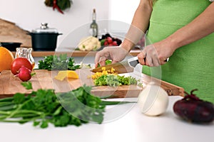 Close up of woman`s hands cooking in the kitchen. Housewife slicing fresh salad. Vegetarian and healthily cooking