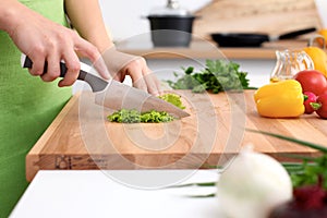 Close up of woman`s hands cooking in the kitchen. Housewife slicing fresh salad. Vegetarian and healthily cooking
