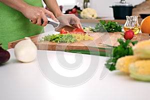 Close up of woman`s hands cooking in the kitchen. Housewife slicing fresh salad. Vegetarian and healthily cooking