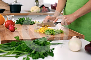 Close up of woman`s hands cooking in the kitchen. Housewife slicing fresh salad. Vegetarian and healthily cooking