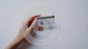 Close up of a woman& x27;s hands holding a credit card, isolated on white background