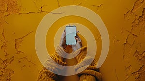 Close-Up of Woman\'s Hands Holding a Smartphone Against a Textured Yellow Wall