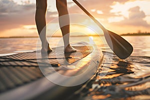 Close up of a woman& x27;s legs standing on a paddleboard with a blue oar in lake at sunrise, the warm sunlight over the