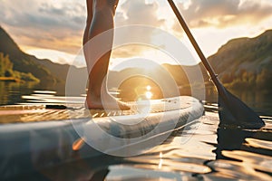 Close up of a woman's legs standing on a paddleboard with a blue oar in lake at sunrise, the warm sunlight over the