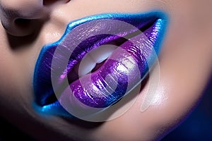 Close up of woman\'s lips with unusual purple and blue lipstick