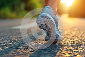 Close-up of woman& x27;s running shoes on road