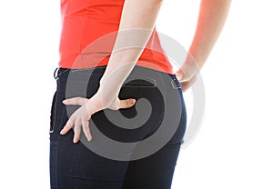 Close up of a woman's tight fitting jeans