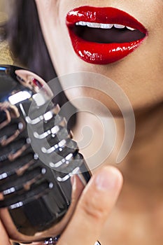 Close Up Woman Singing Mouth & Vintage Microphone