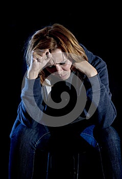 Close up woman suffering depression and stress crying alone