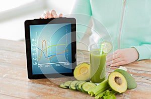 Close up of woman with tablet pc and vegetables