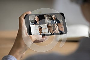 Close up of woman talk on video call with colleagues